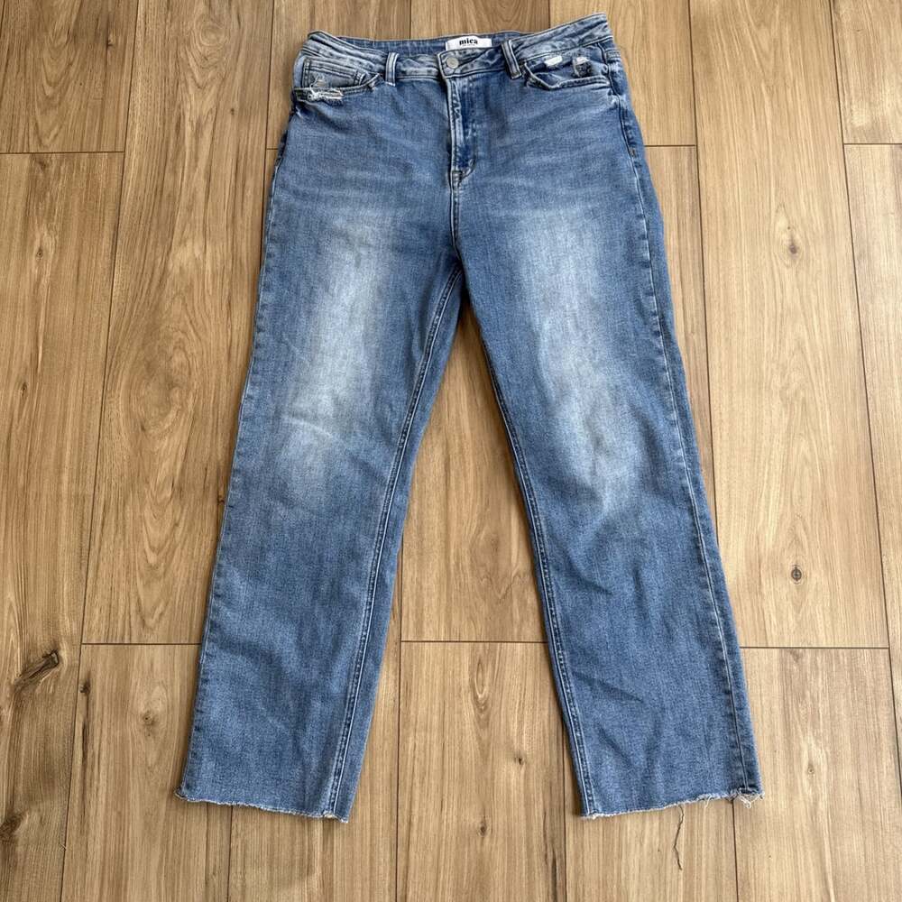 MICA Los Angeles HIGH-RISE Straight Leg Raw Hem DENIM JEANS Sz 31 distressed